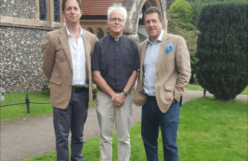 Alex Burghart MP, Rev Mark James and Richard Austin at St Paul's Church, Bentley Common