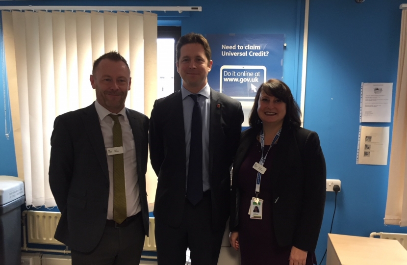 Alex Burghart MP with Rick Rhodes and Laura Anderson from Brentwood JobCentre Plus