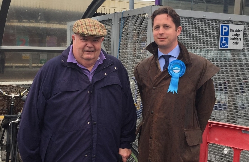 Alex Burghart MP with Jim Hoare from Brentwood Access Group during the 2017 General Election campaign