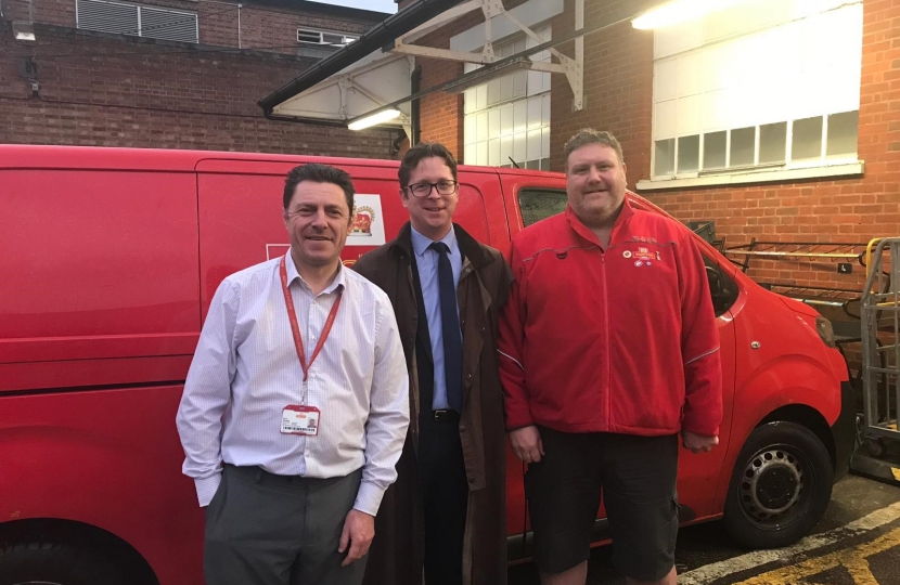 Alex Burghart MP with Stuart Portway, Delivery Line Manager and CWU rep Danny Attfield at Royal Mail Brentwood