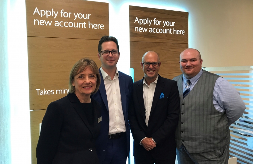 Alex Burghart MP with Barclays Bank staff Irene, Jon and Adam.