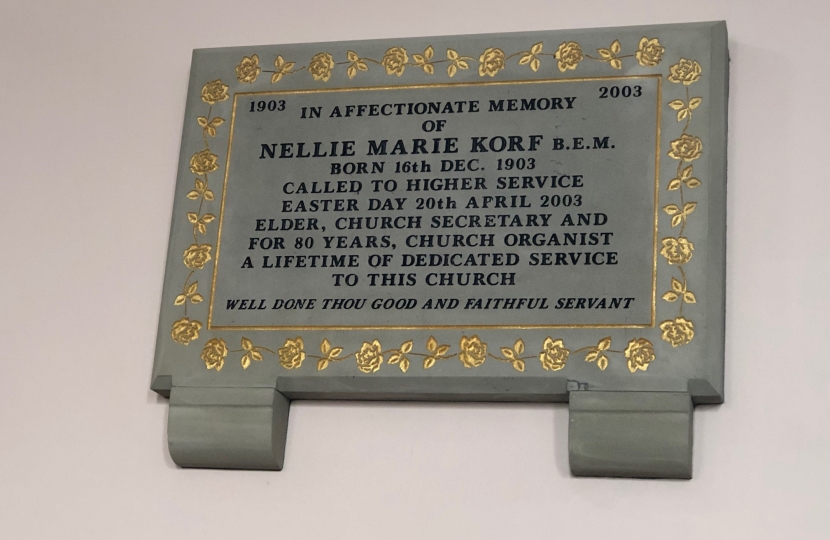 Memorial Plaque to Nellie Marie Korf, church organist for 80 years.