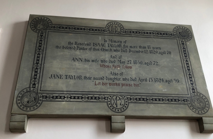 Ongar URC -  in memory of Jane Taylor, who wrote the words to Twinkle Twinkle Little Star