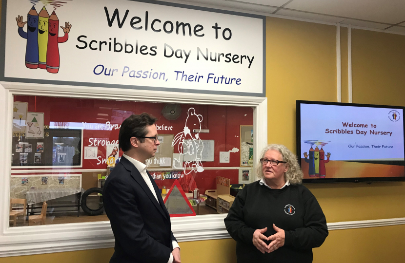 Alex Burghart MP with Scribbles Day Nursery Owner, Lesley Seville
