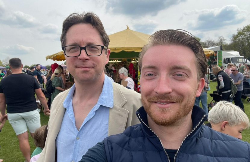 Alex Burghart MP at Ongar Festival with local businessman and councillor, Jaymey McIvor